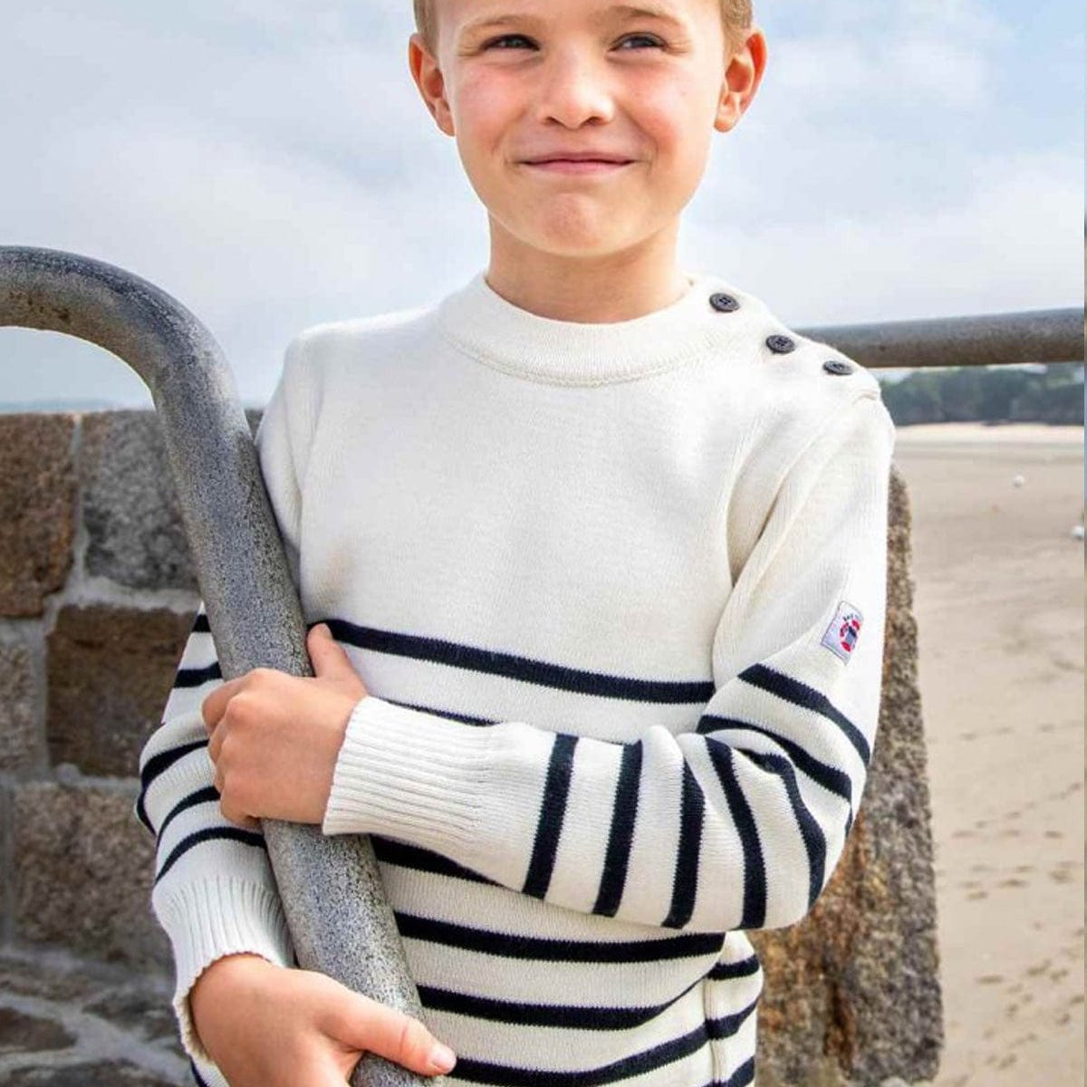 VERTBAUDET Pull Marinière Bébé Rayé Ivoire - 100% Coton Doux, Ouverture Boutonnée Raglan, Poche Poitrine - Style Marin Intemporel 3 Mois (60 Cm)