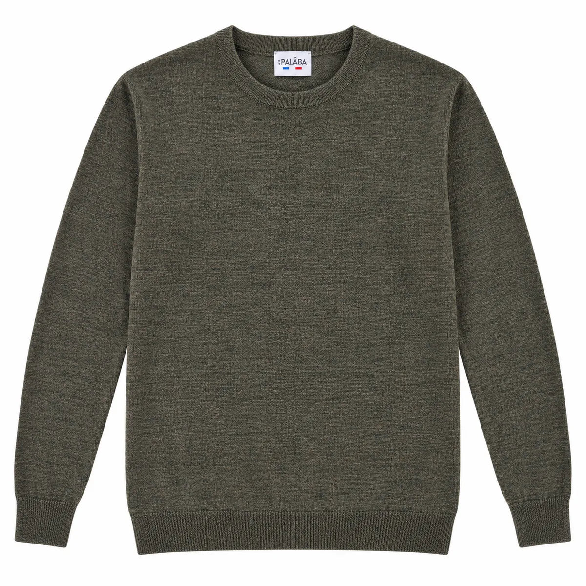 Pull kaki homme en laine mérinos à plat, vue de face