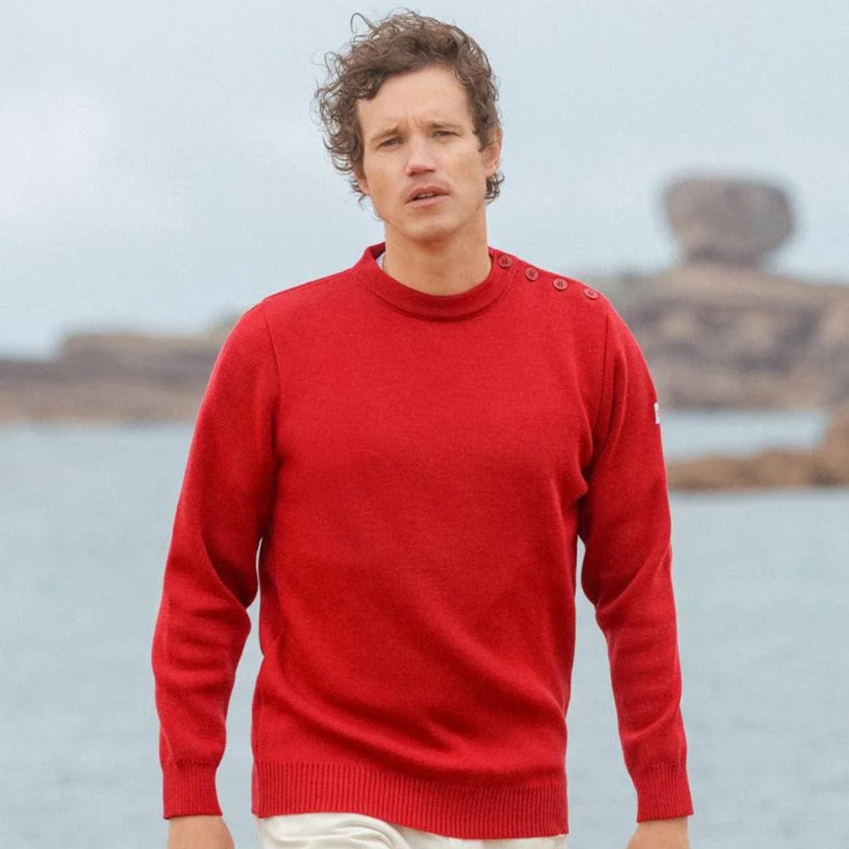 Pull marin rayé 100% pure laine rouge