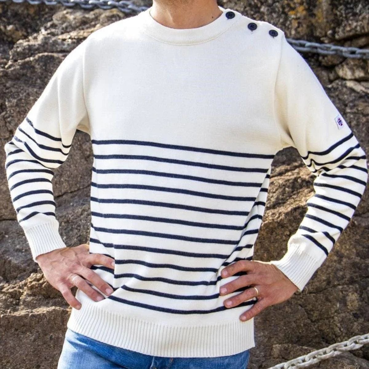 Pull marin rayé 50% pure laine écru marine
