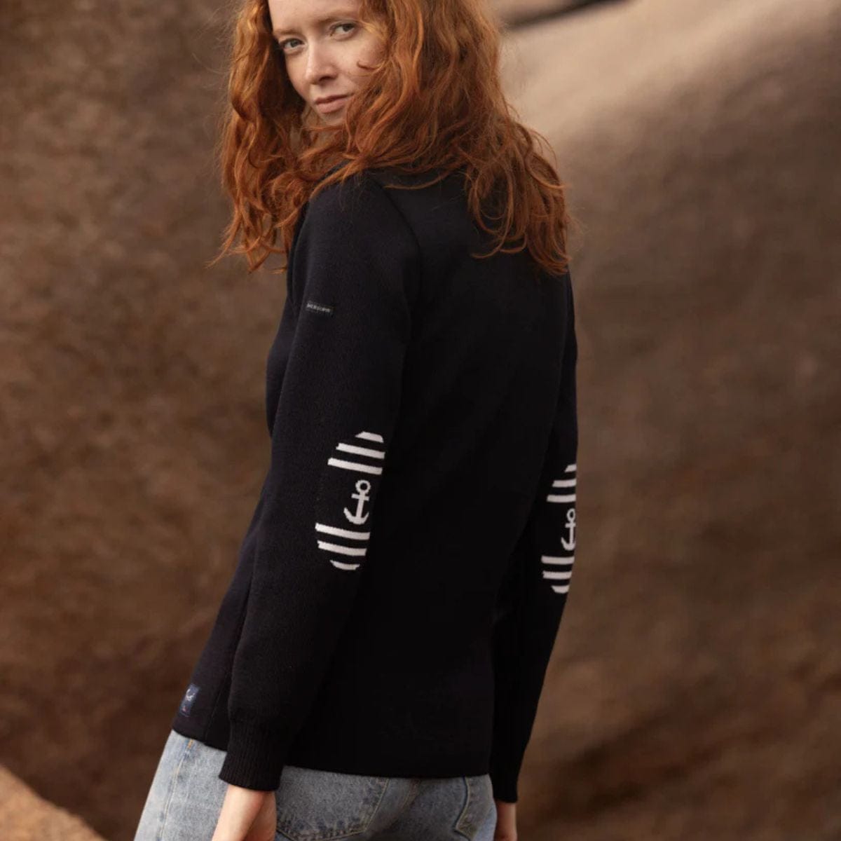 Pull marin rayé 100 % laine kaki écru