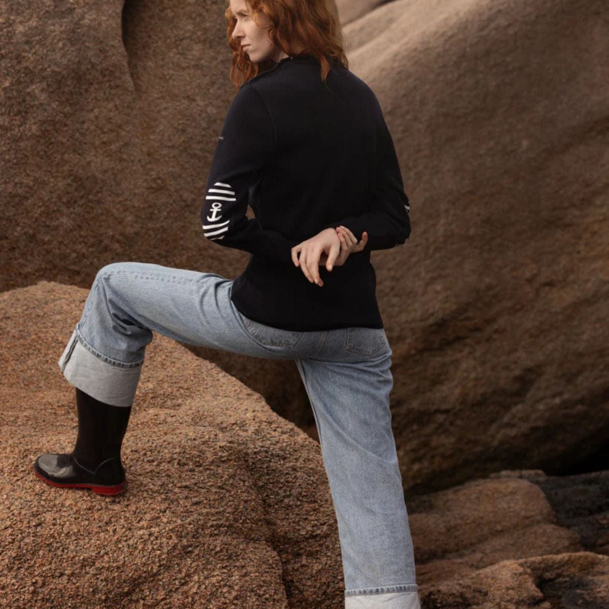 Pull marin rayé 100 % laine kaki écru