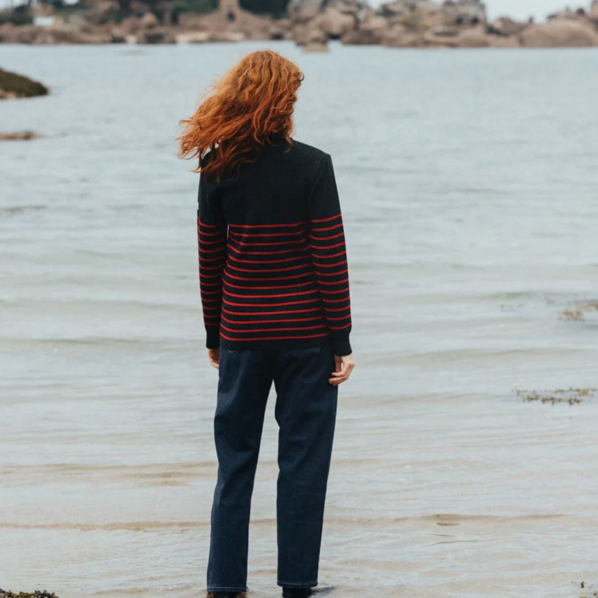 Pull marin rayé 100 % laine kaki écru