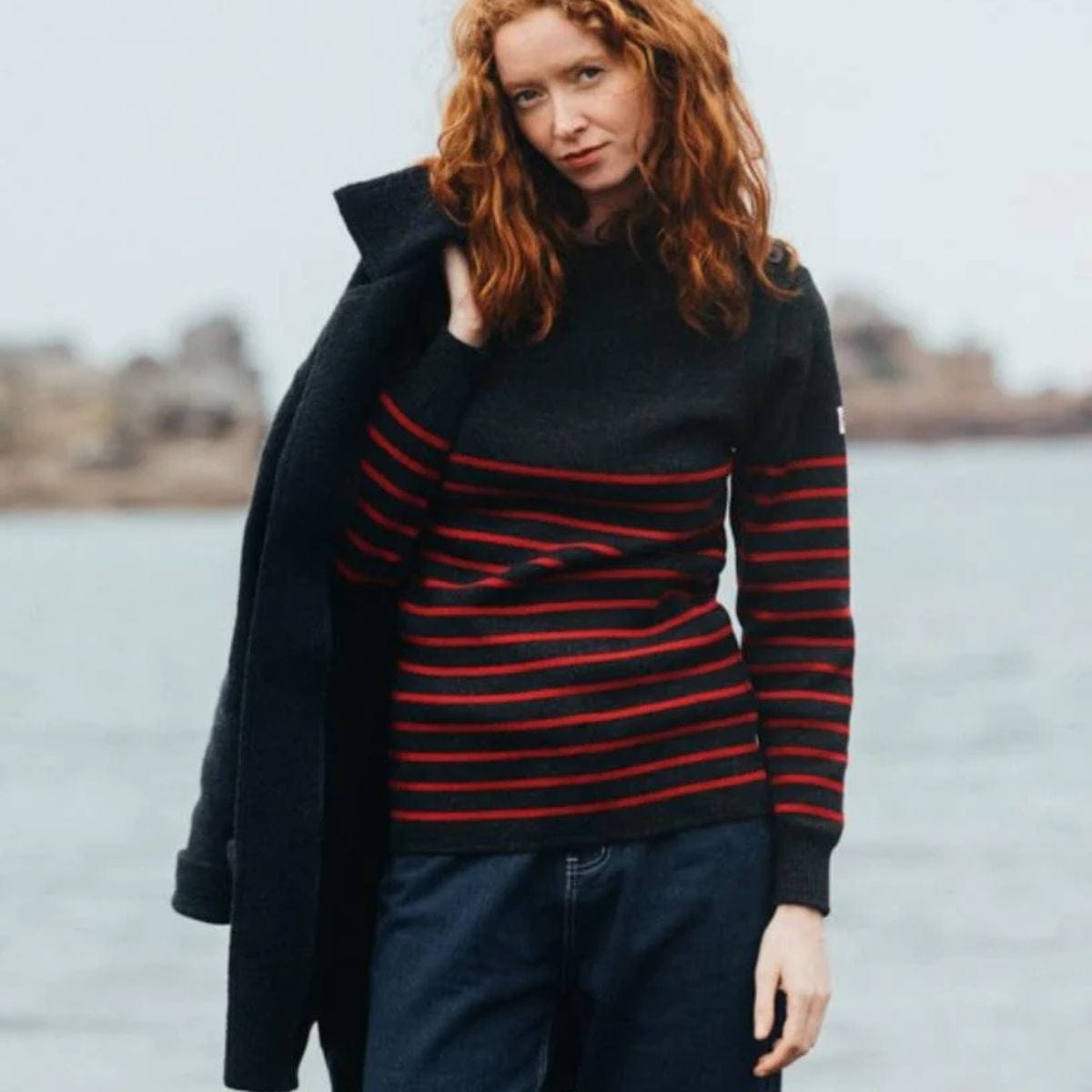 Pull marin rayé 100 % laine kaki écru