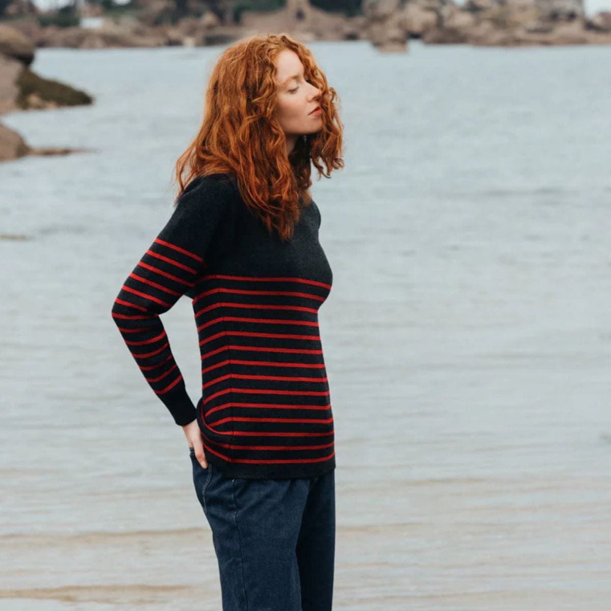 Pull marin rayé 100 % laine kaki écru