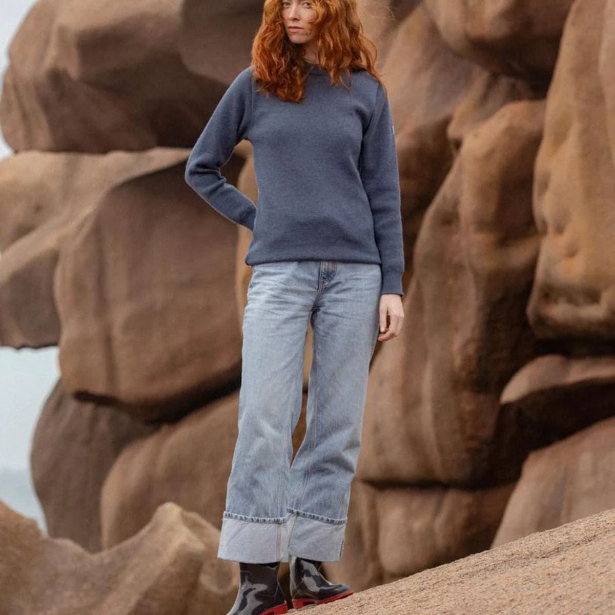 Pull marin rayé 100 % laine kaki écru