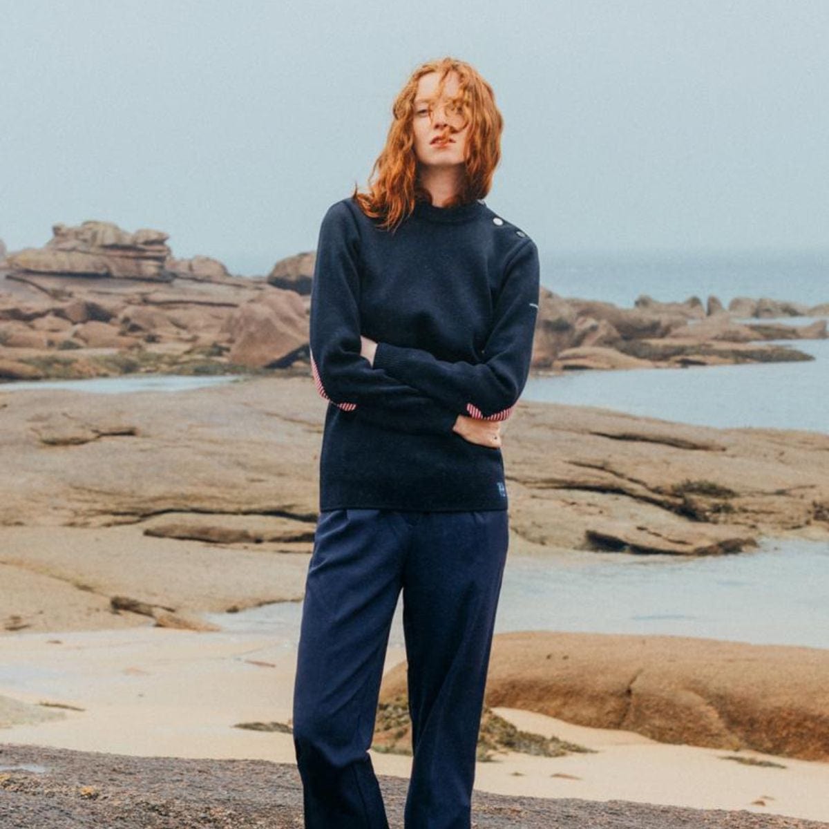 Pull marin rayé 100 % laine kaki écru