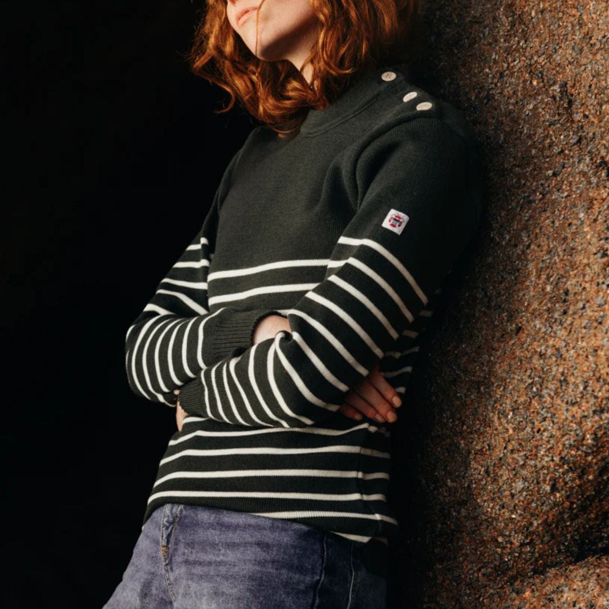 Pull marin rayé 100 % laine kaki écru