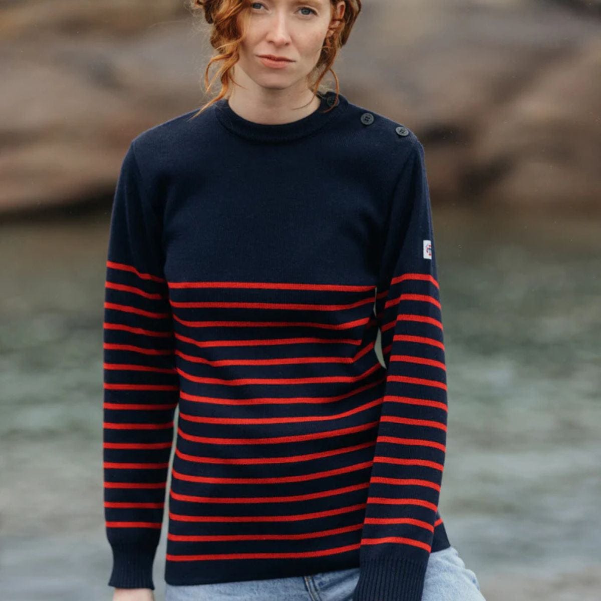 Pull marin rayé 50% laine mérinos bleu marine et rouge