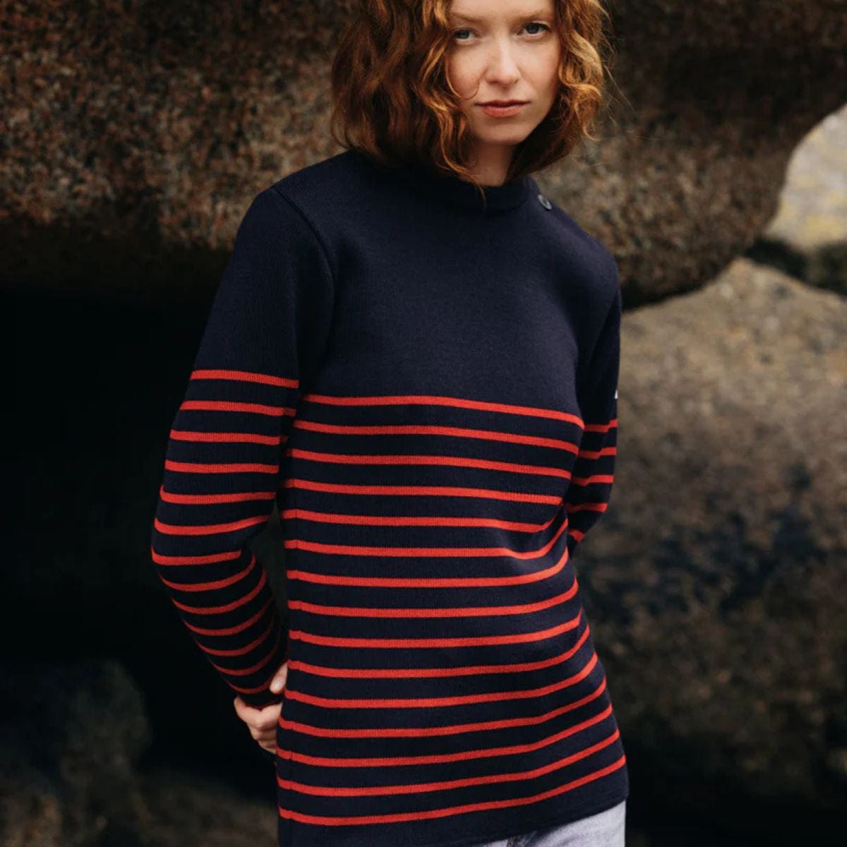 Pull marin rayé 50% laine mérinos bleu marine et rouge