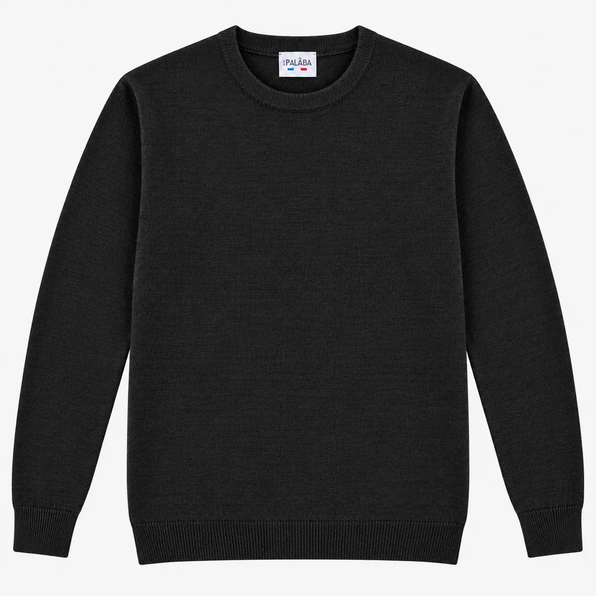 Pull noir homme en laine mérinos à plat, vue de face