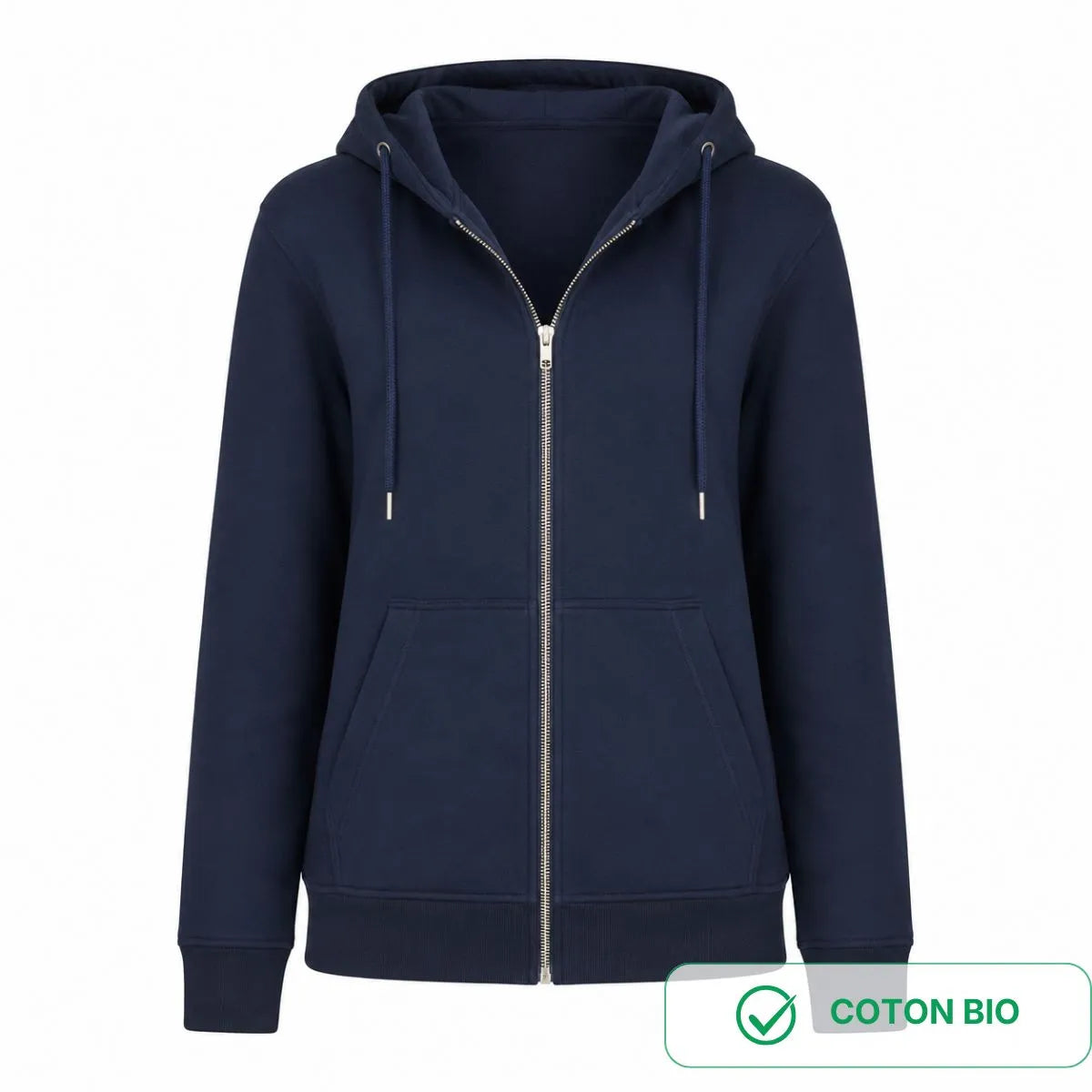sweat à capuche pour homme et femme zippé bleu marine en coton bio fabriqué en France