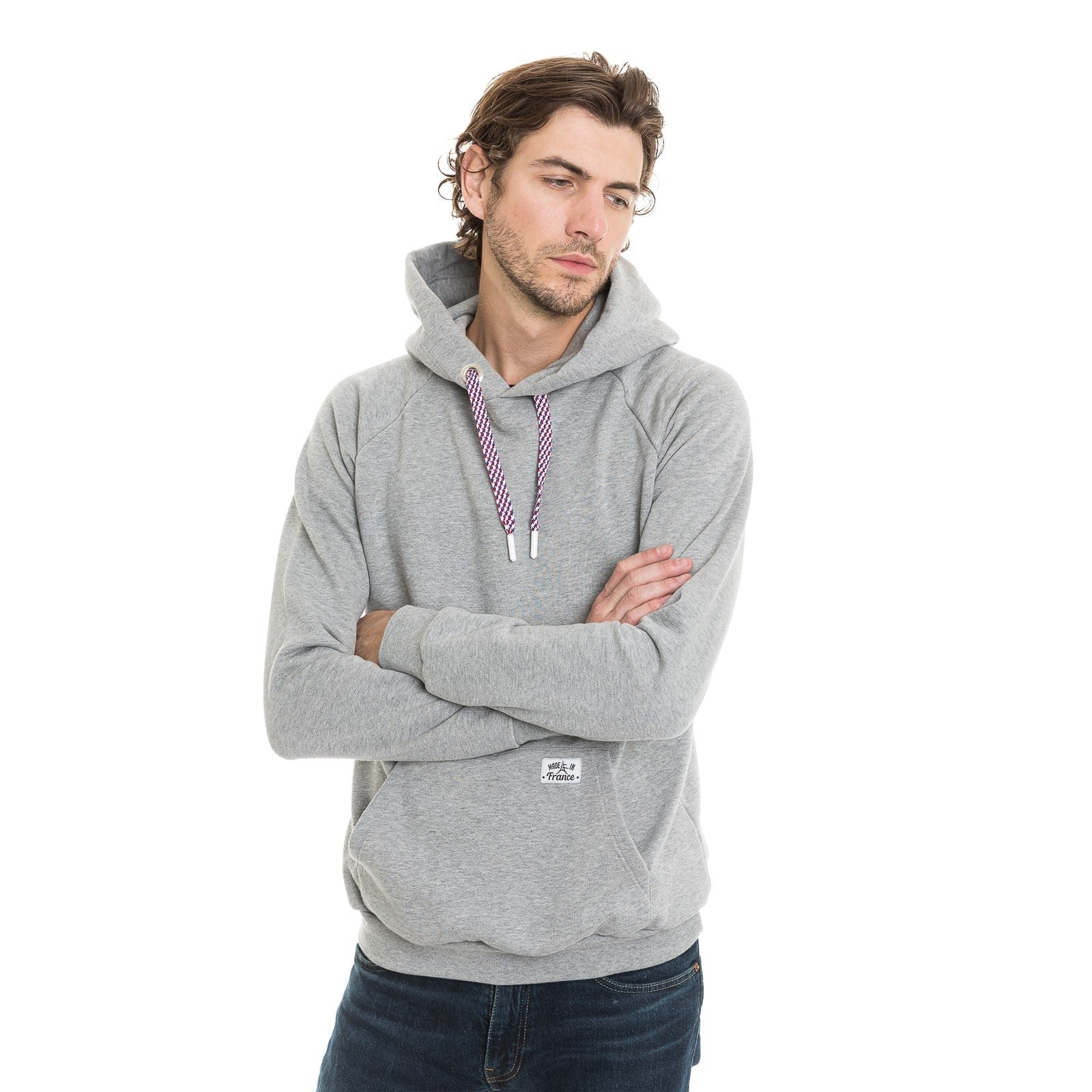 Sweat homme capuche gris avec cordon et poche