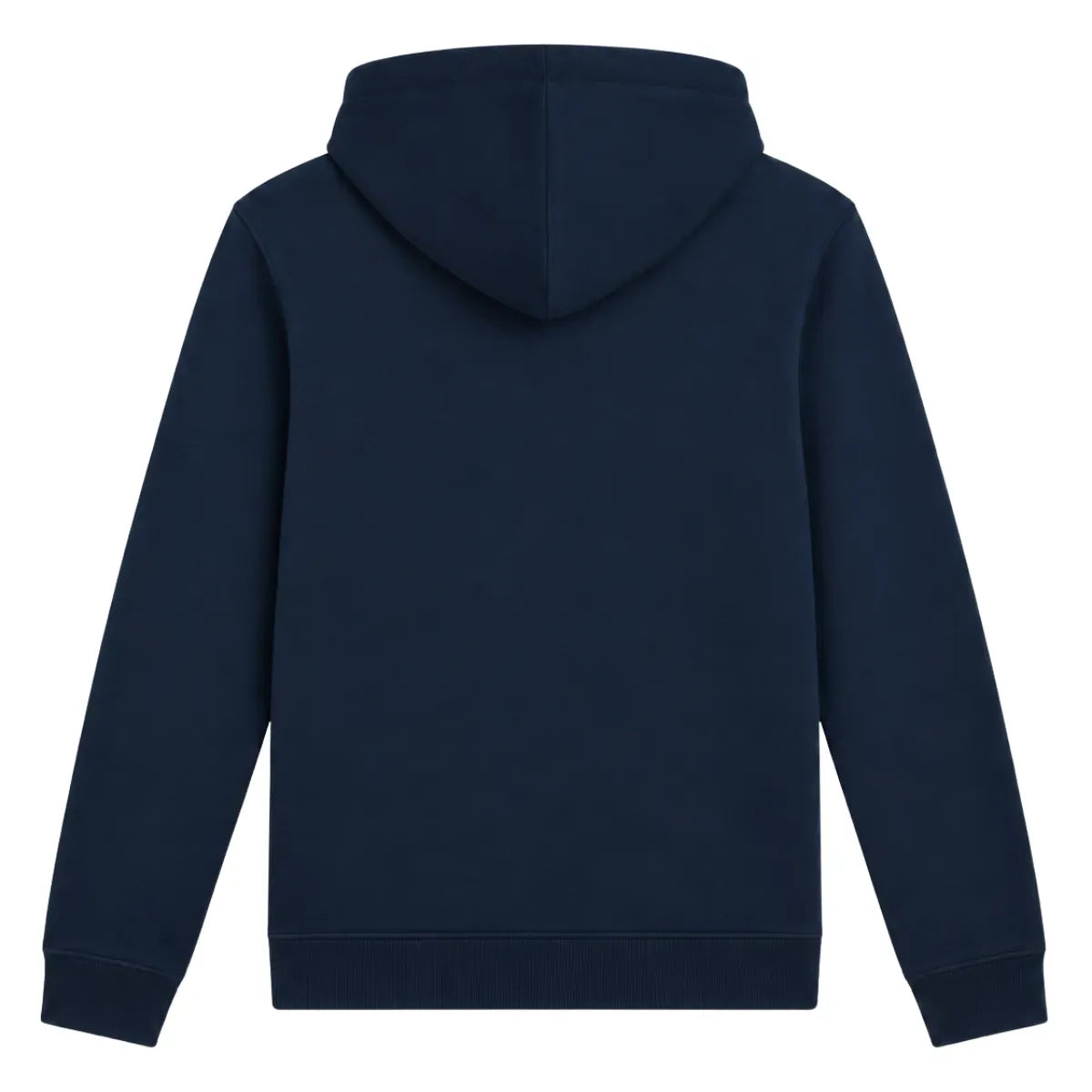 Sweat à capuche zippé marine vu de dos : capuche, coupe standard et finitions en bord côte