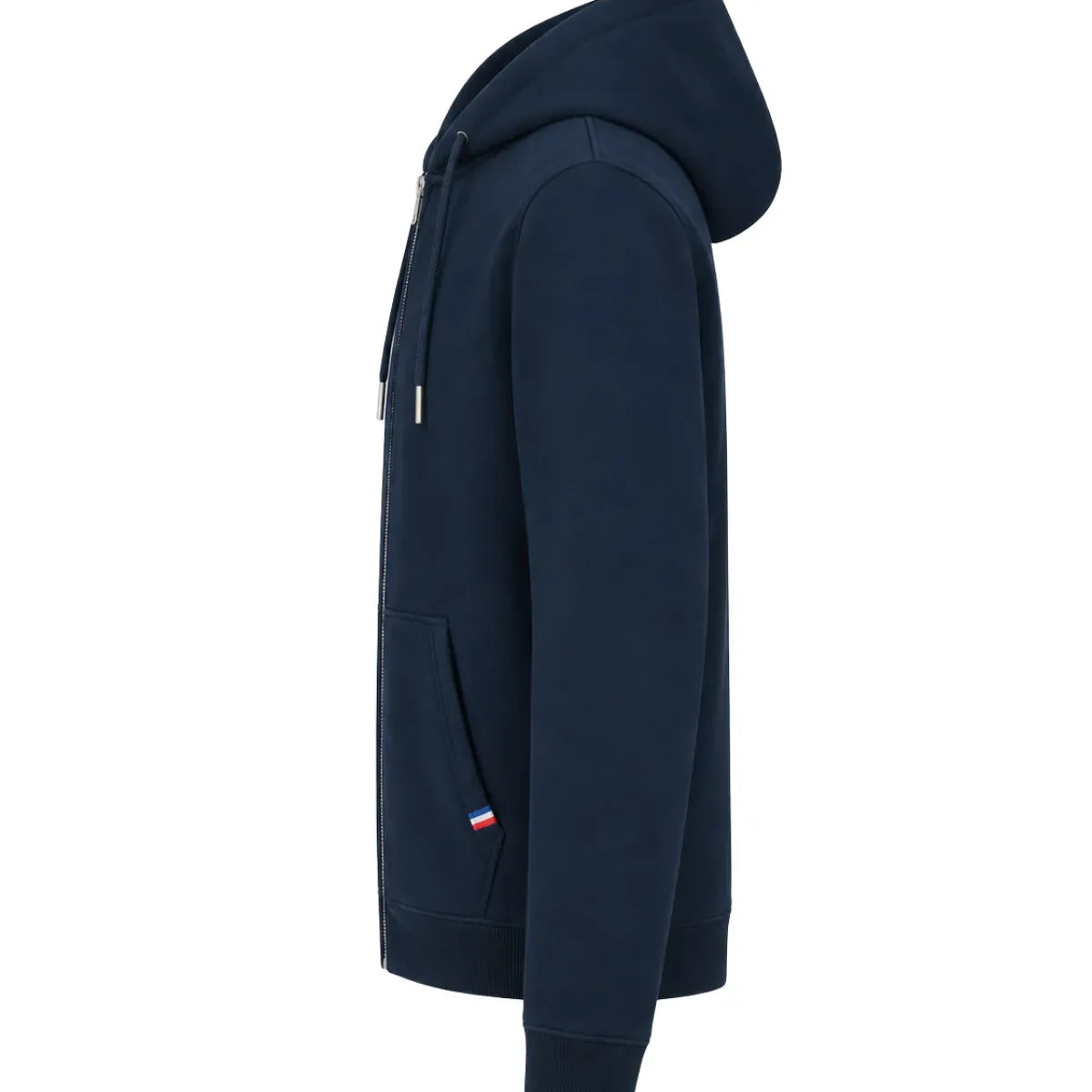 Hoodie zippé homme marine de profil, capuche doublée et poche ventrale avec détail tricolore