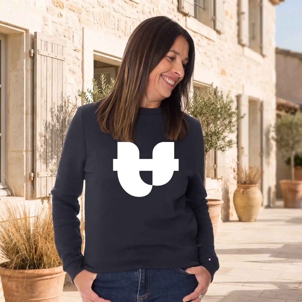 sweat à col sans capuche marine pour femme en coton bio
