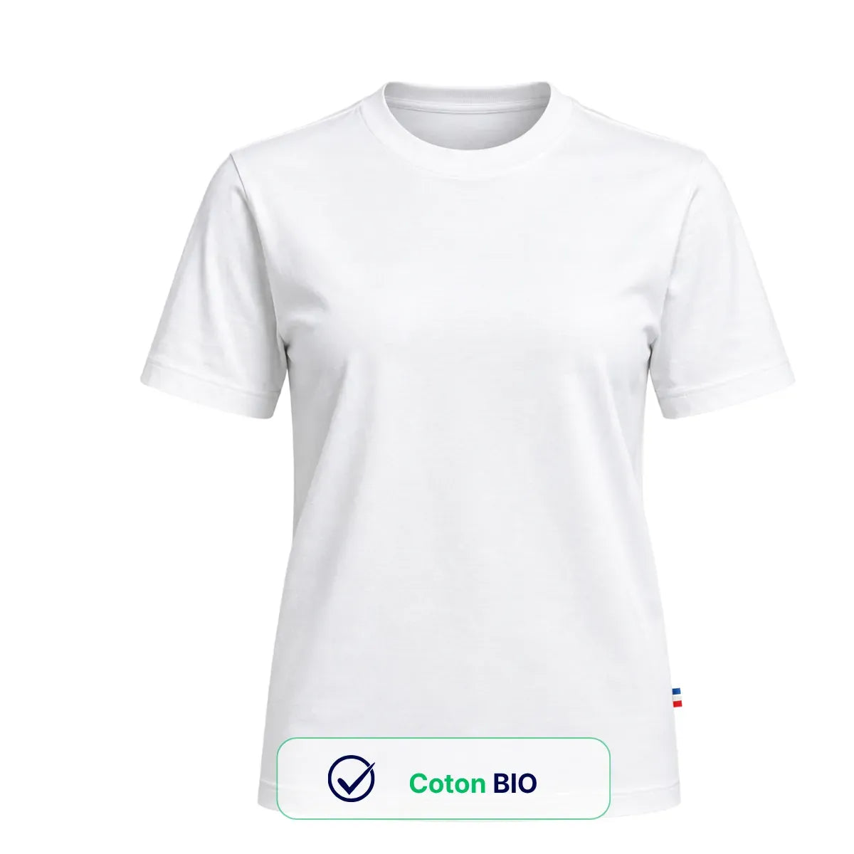 T-shirt blanc femme en maille interlock coton bio, coupe droite relax, avec ruban tricolore