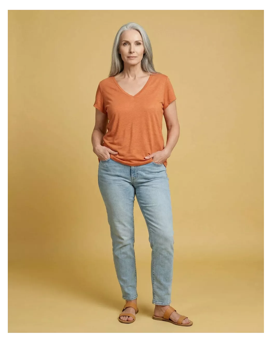 T-shirt en lin Col V orange mandarine