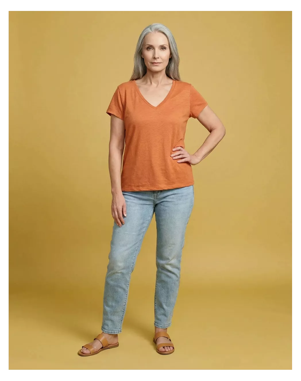T-shirt en lin Col V orange mandarine