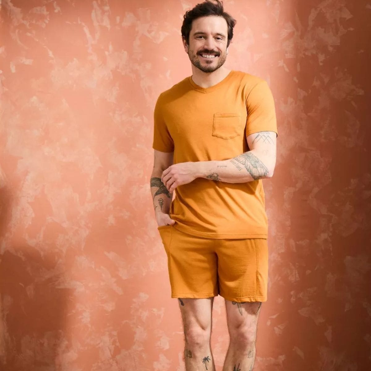 T-shirt Col V à poche Homme Orange