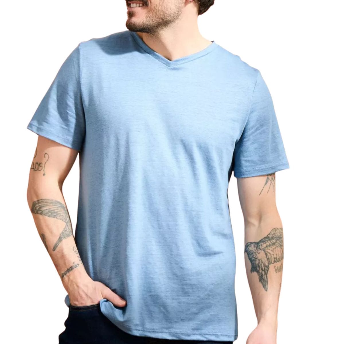 T-shirt en lin homme Col V Bleu ciel