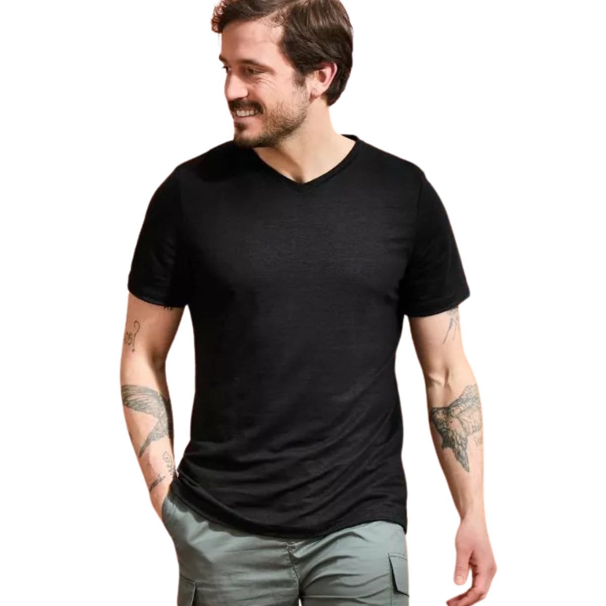 T-shirt en lin homme Col V Noir