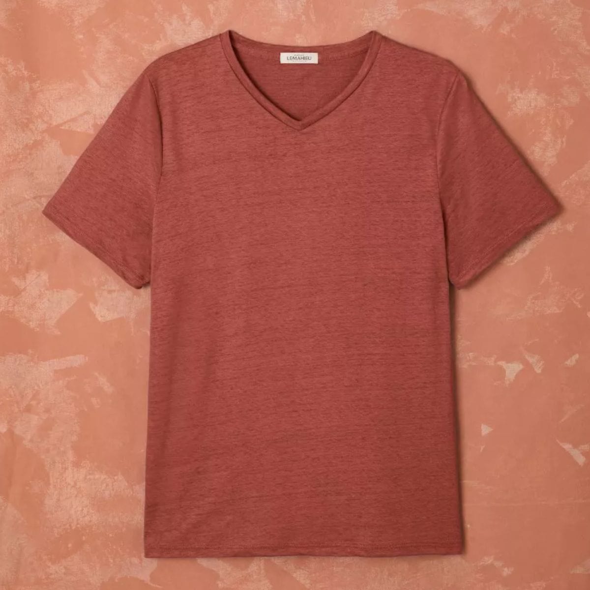 T-shirt en lin homme Col V Terracotta