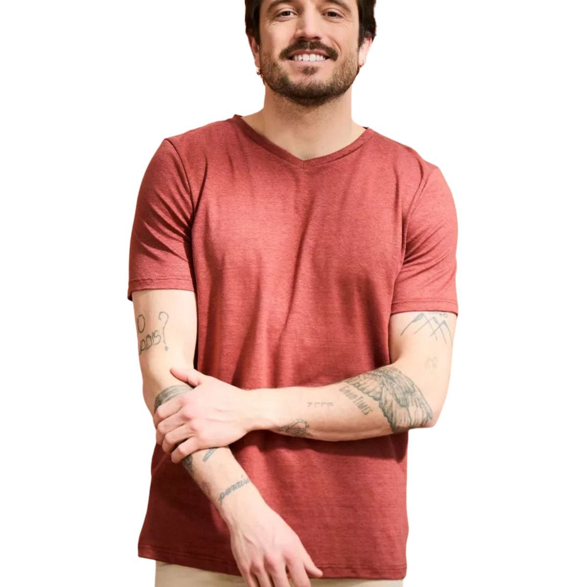 T-shirt en lin homme Col V Terracotta