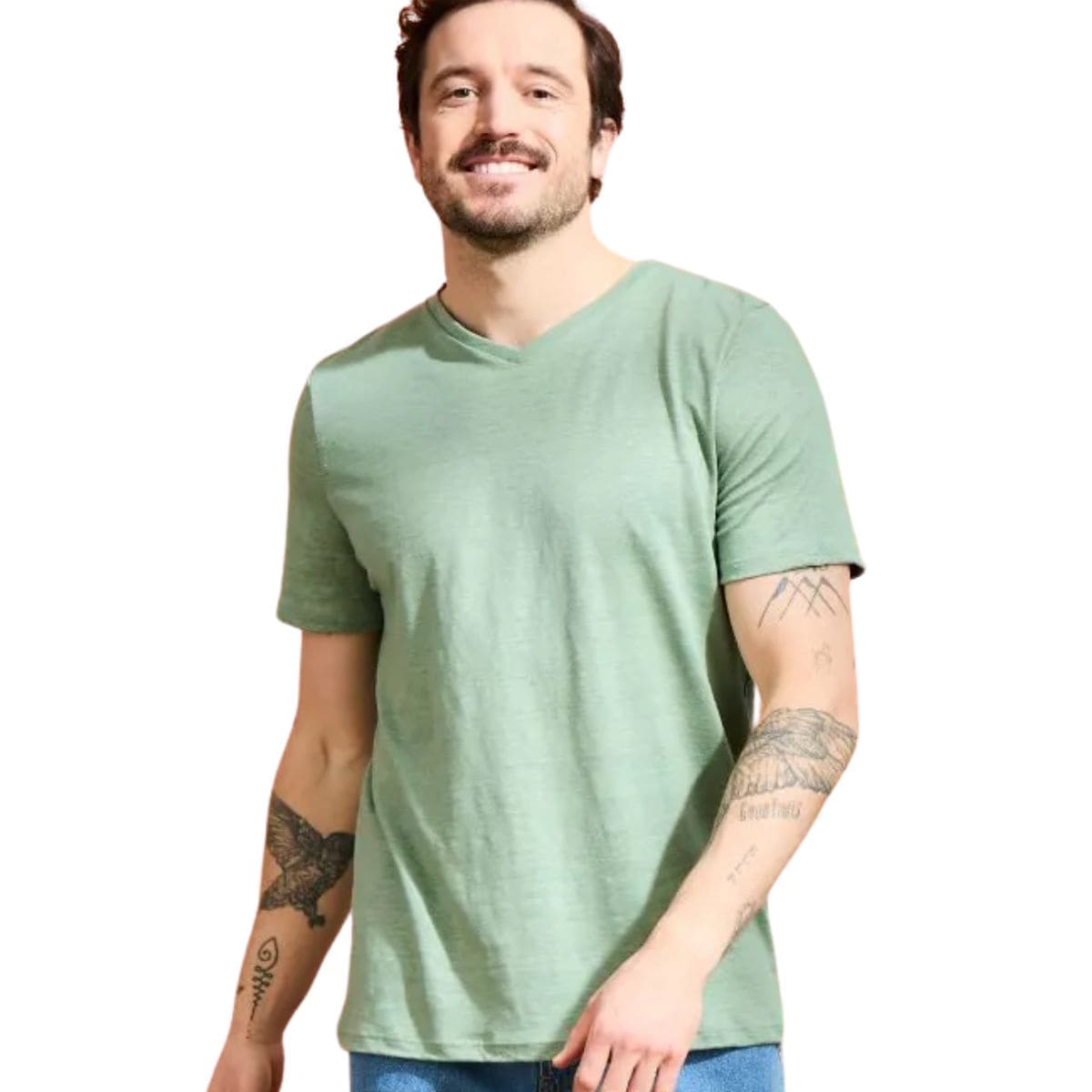 T-shirt en lin homme Col V Vert