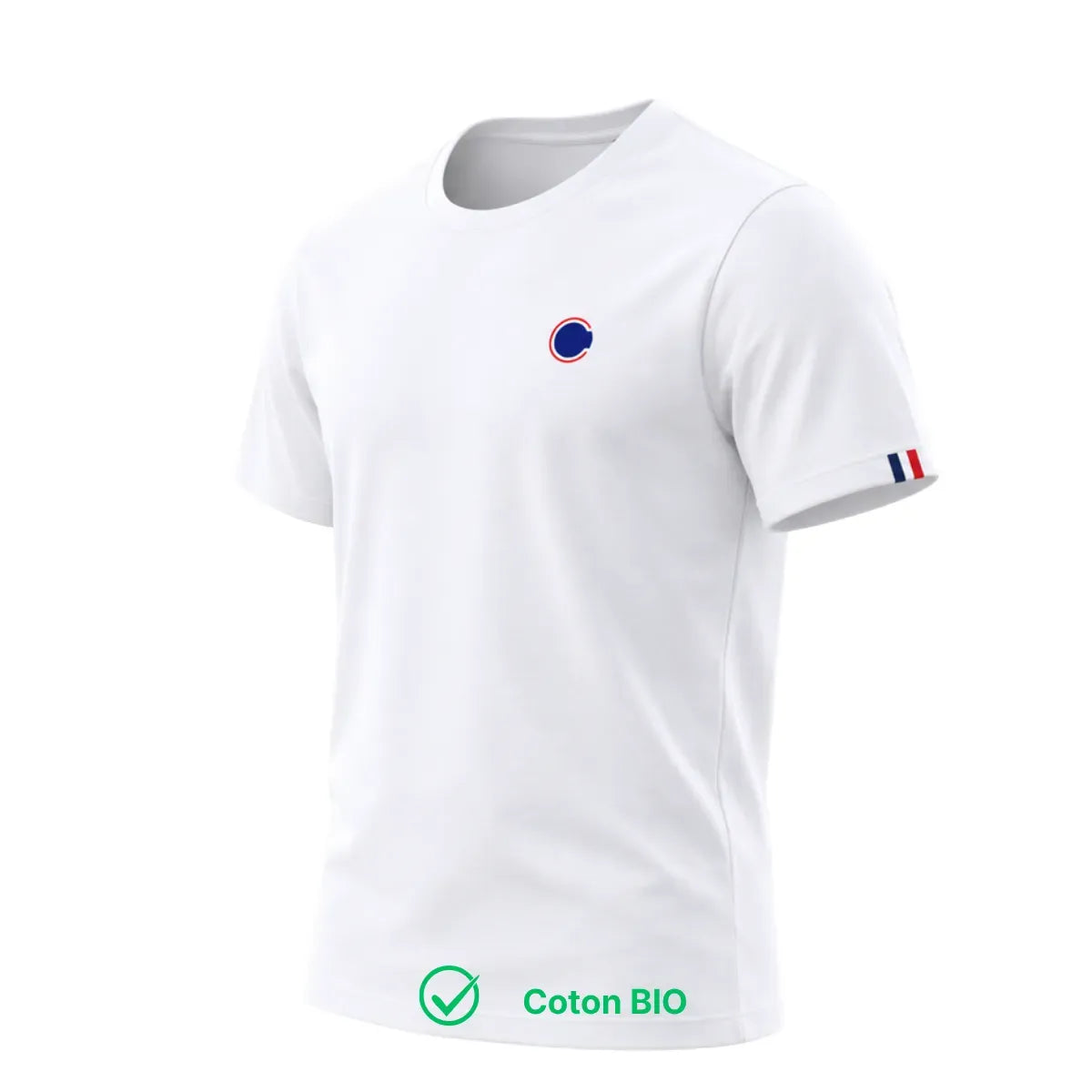 T-shirt homme blanc Cocarde Club en coton bio, petit logo cocarde imprimé et ruban tricolore sur la manche