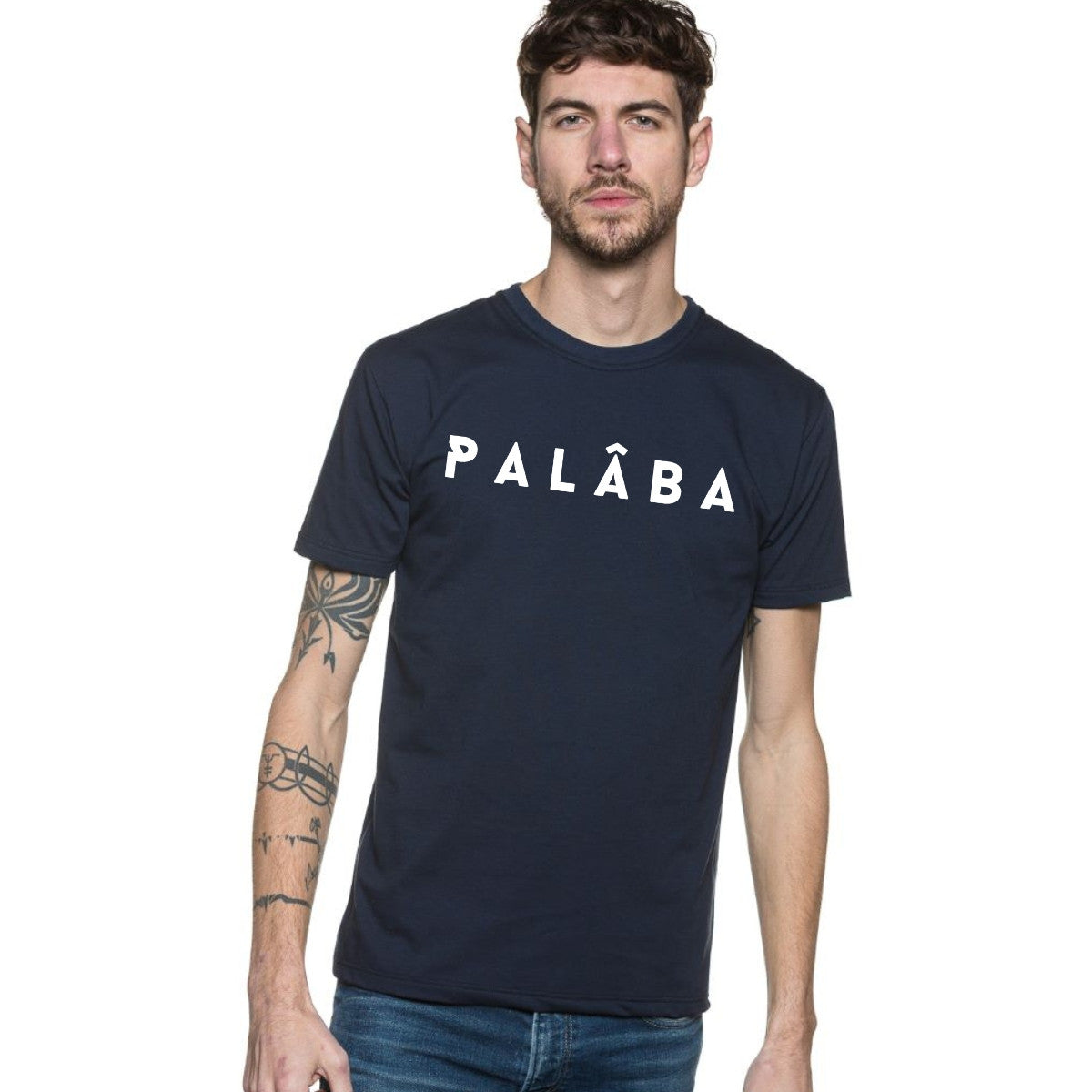 T shirt pour homme bleu marine avec un col rond et des bords côtes