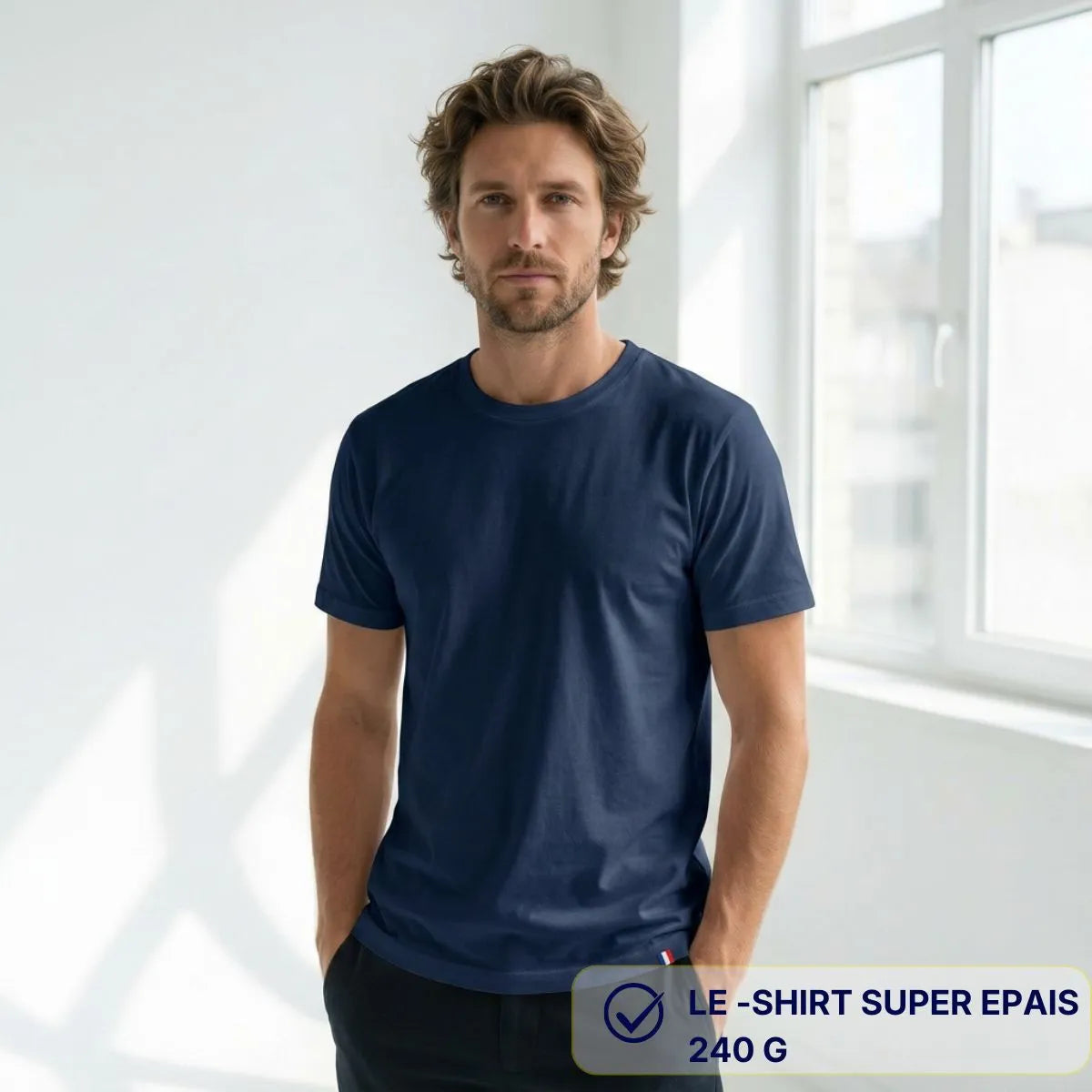 T-shirt homme bleu marine super épais coupe droite avec bords côte