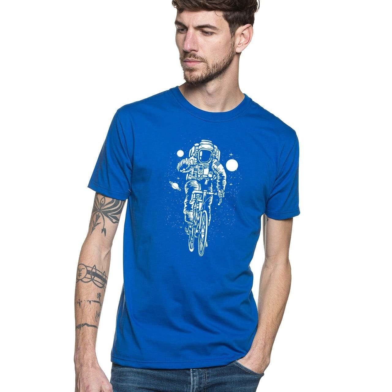 T shirt original pour homme bleu roi à manches courtes en coton bio