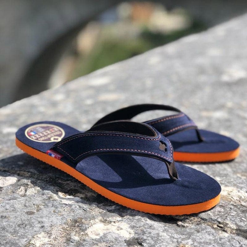 Tong en cuir bleu / orange