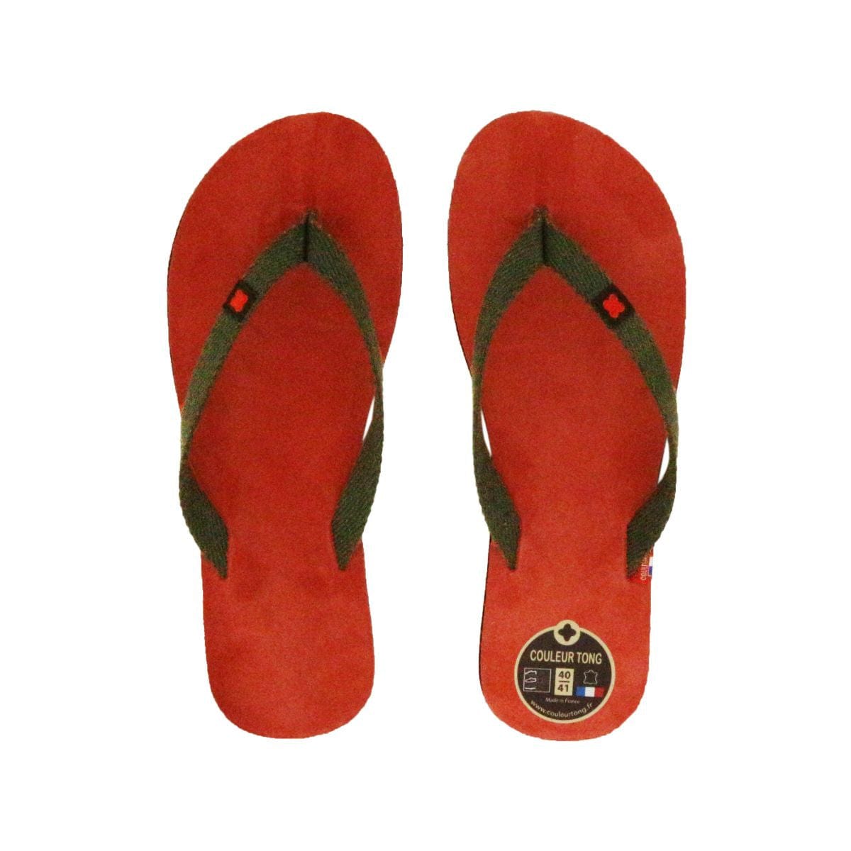 Tong en cuir kaki et corail