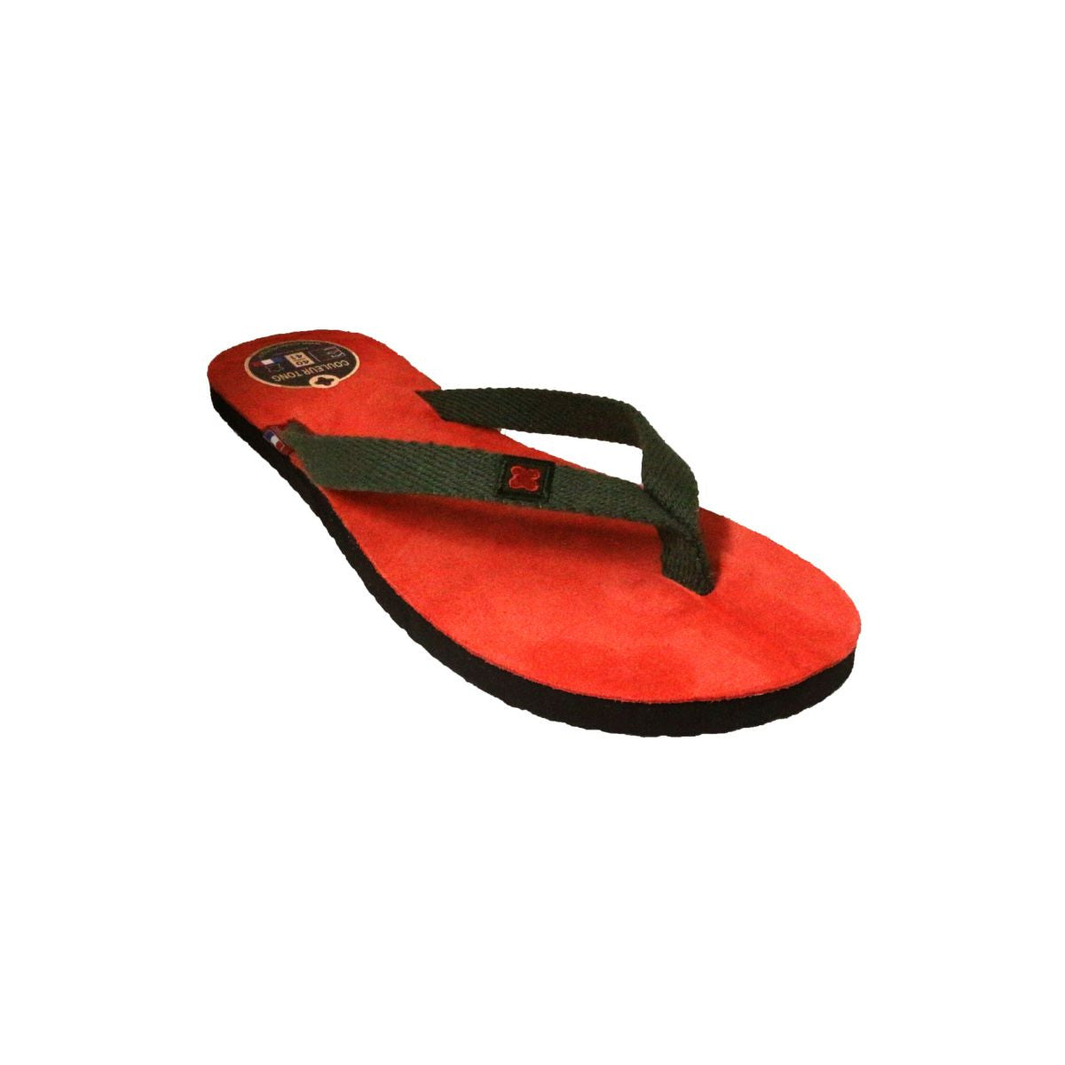 Tong en cuir kaki et corail