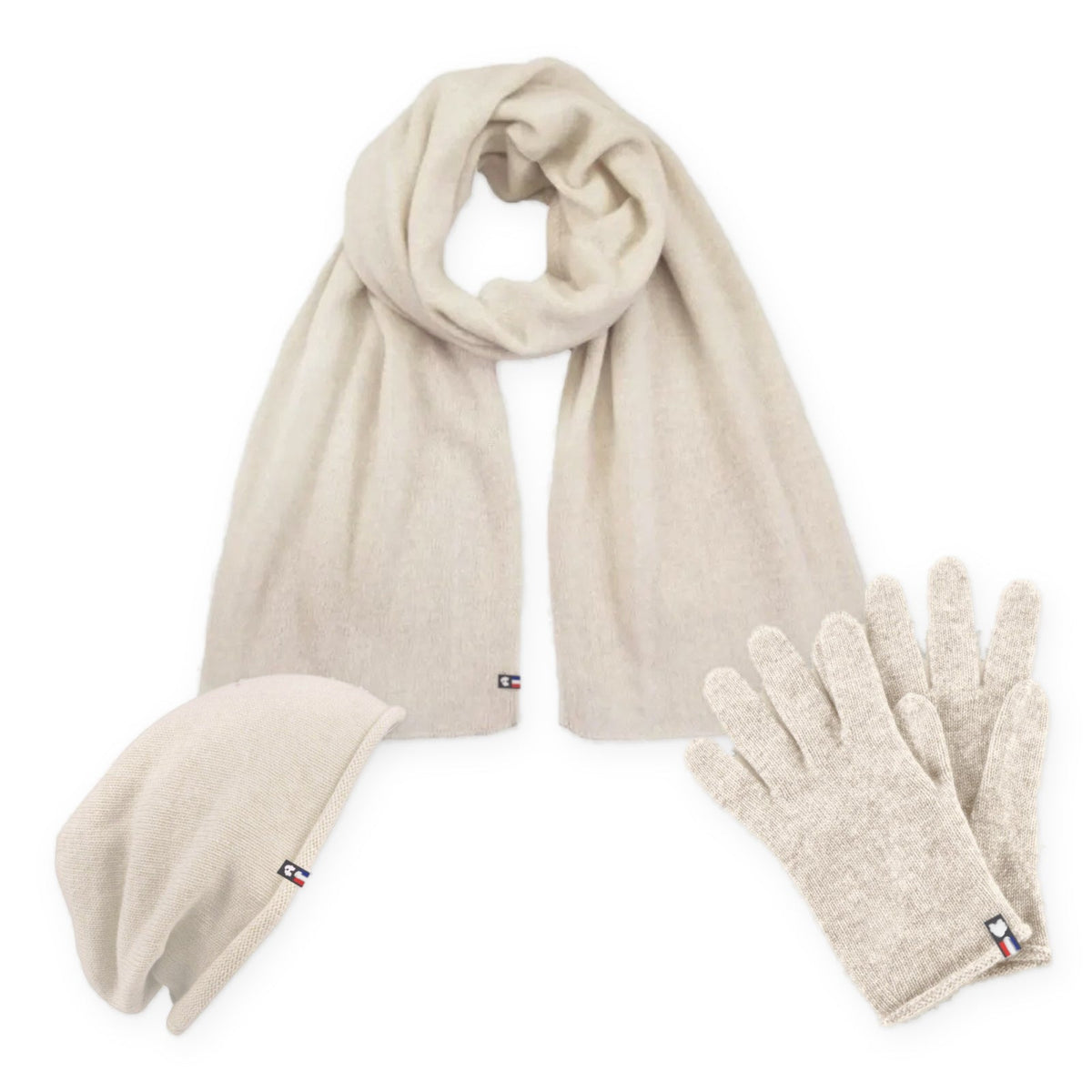 Trio cachemire femme coloris blanc cassé : bonnet, écharpe et gants tactiles assortis