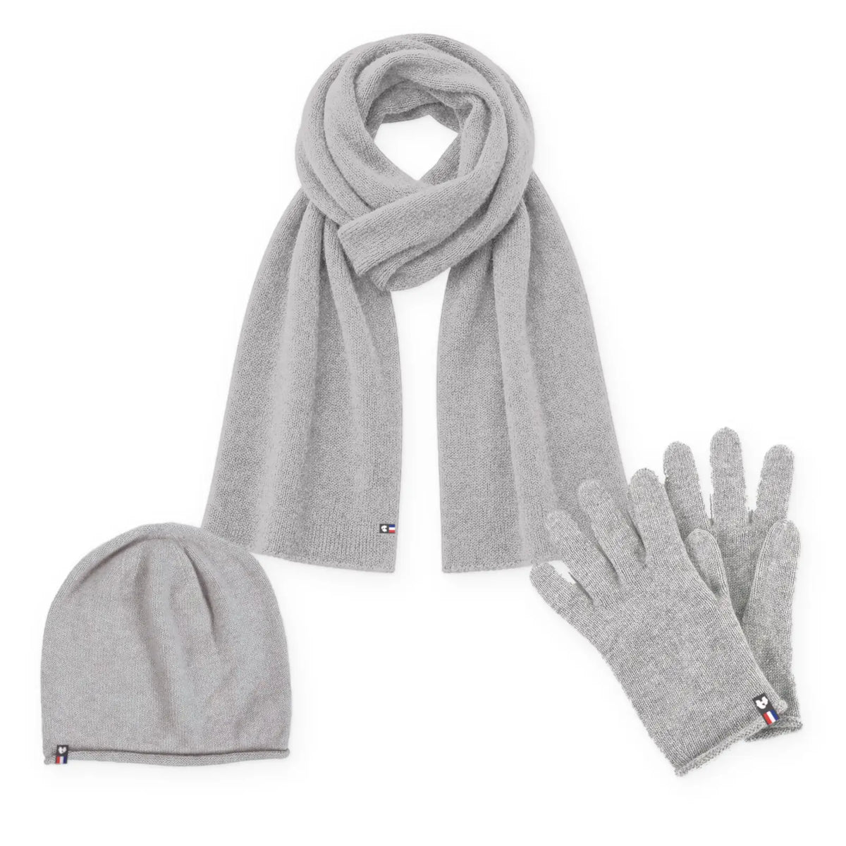 Trio cachemire femme coloris gris : bonnet, écharpe et gants tactiles assortis