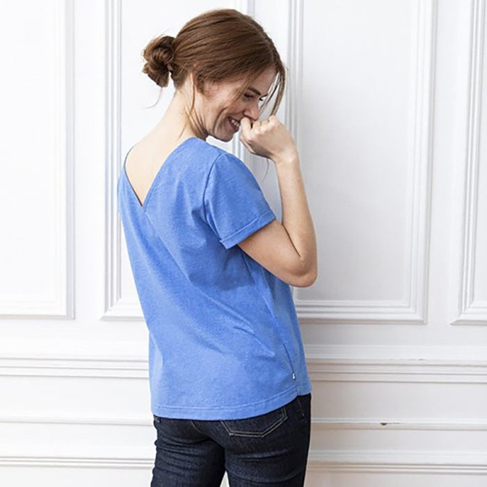 T-shirt bleu en col V pour femme