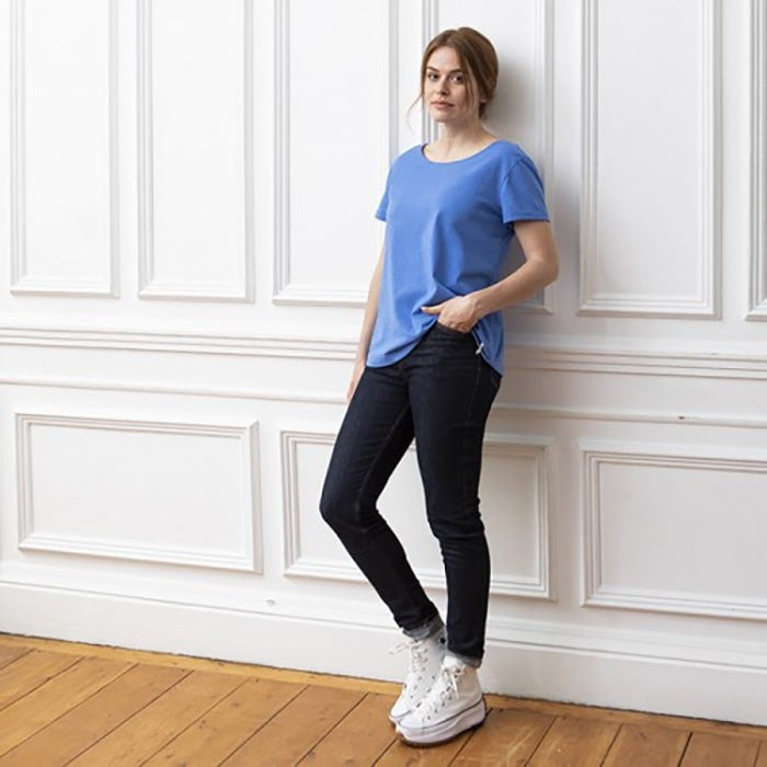 T-shirt bleu en col V pour femme