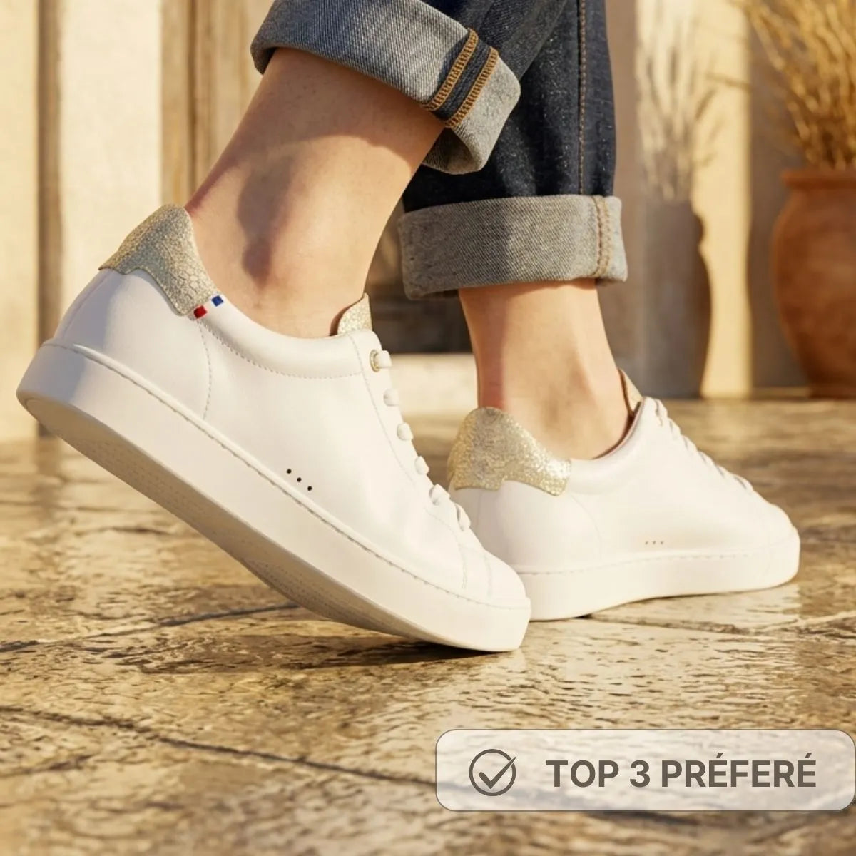 basket pour femme en cuir blanche et or made in France