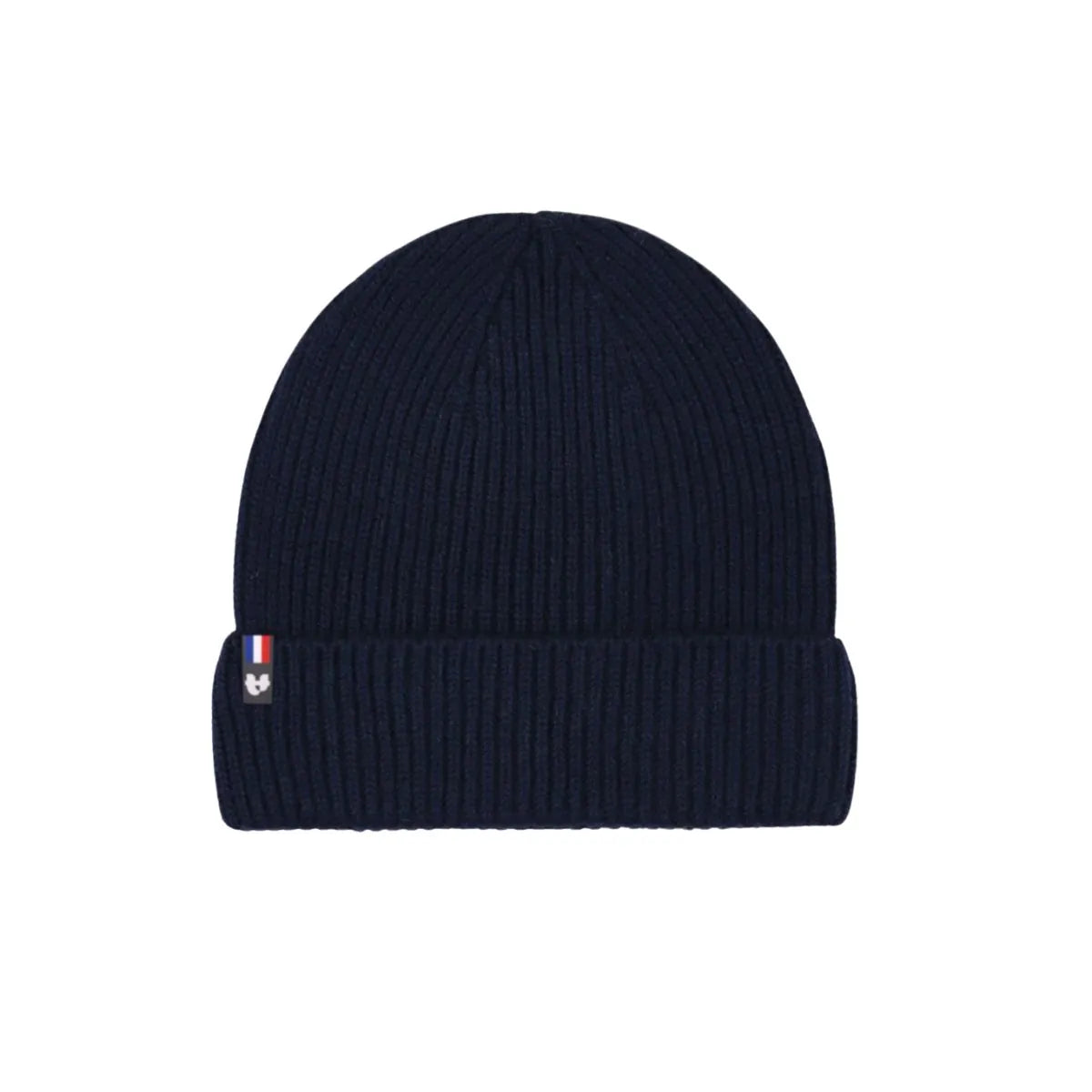 Bonnet homme en laine mérinos bleu marine à revers, maille côtelée, posé à plat