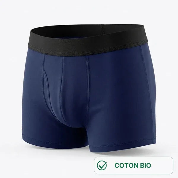 Boxer homme bleu marine en coton bio à ceinture noire, vue de trois quarts