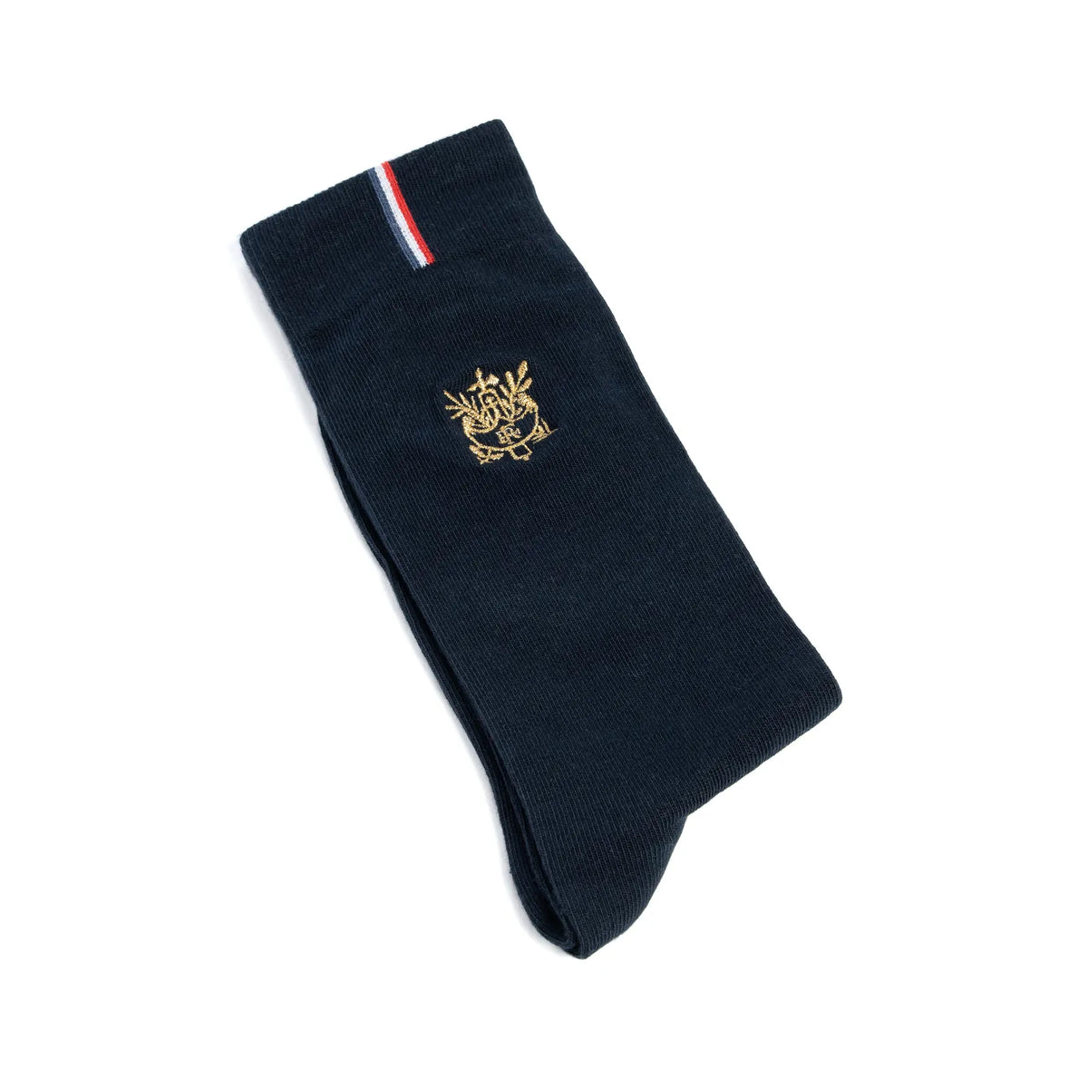 Chaussette Élysée x Maison Broussaud à plat, broderie dorée et ruban tricolore