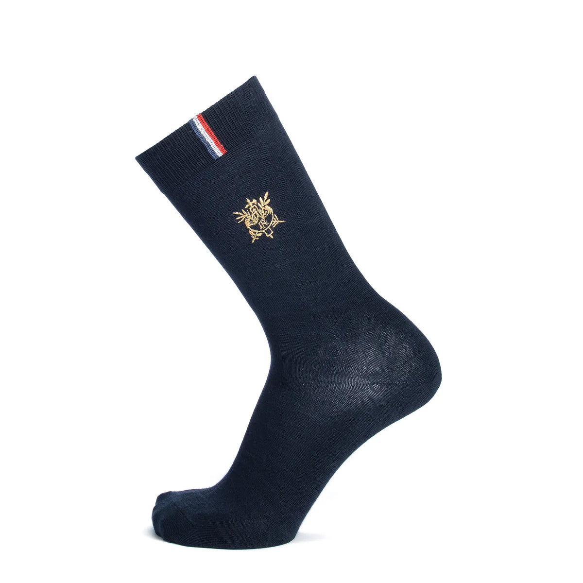 Chaussette homme Élysée bleu marine brodée au fil doré, vue de profil