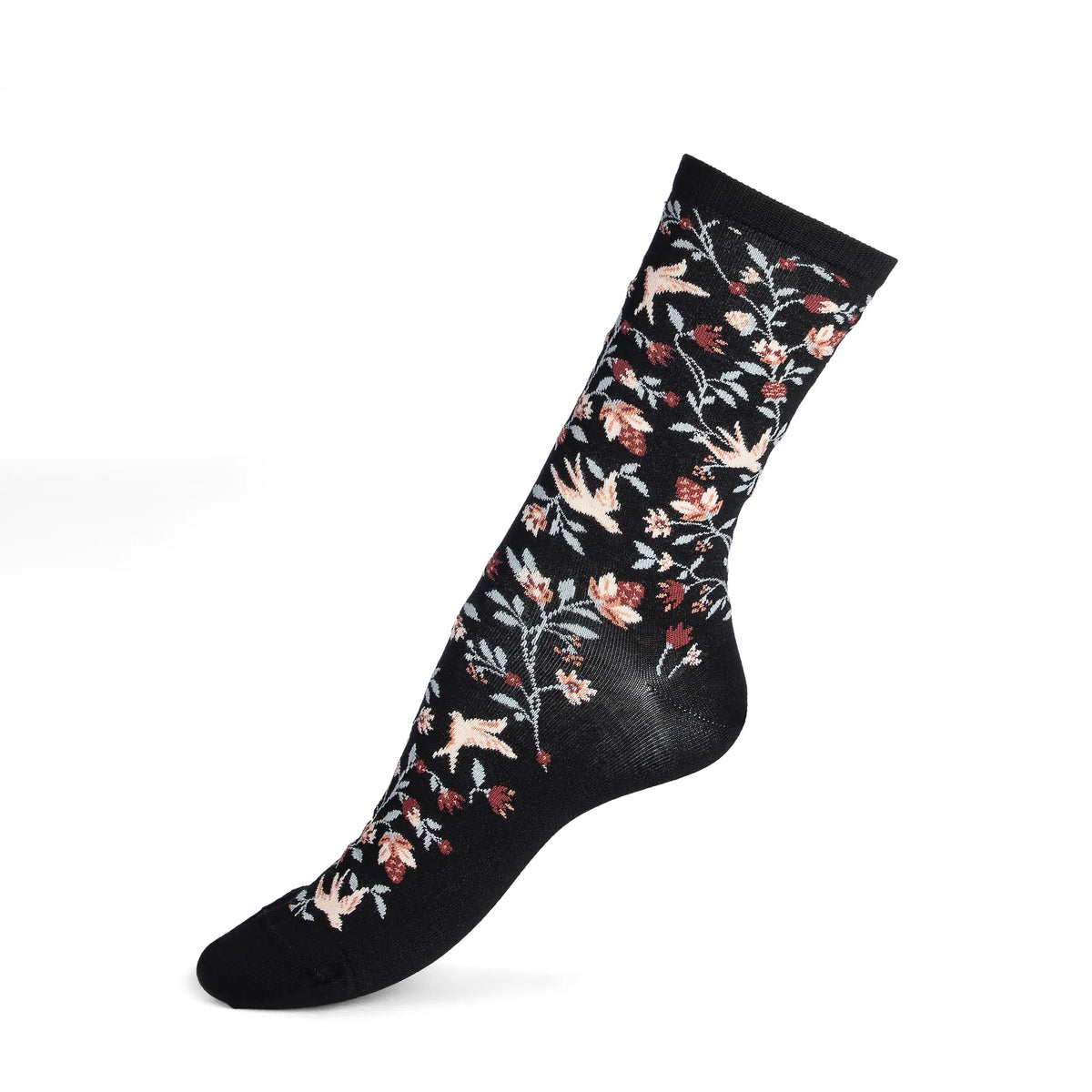 Chaussette femme Les Aubussonnaises noire à motif de fleurs et d'oiseaux, vue de profil