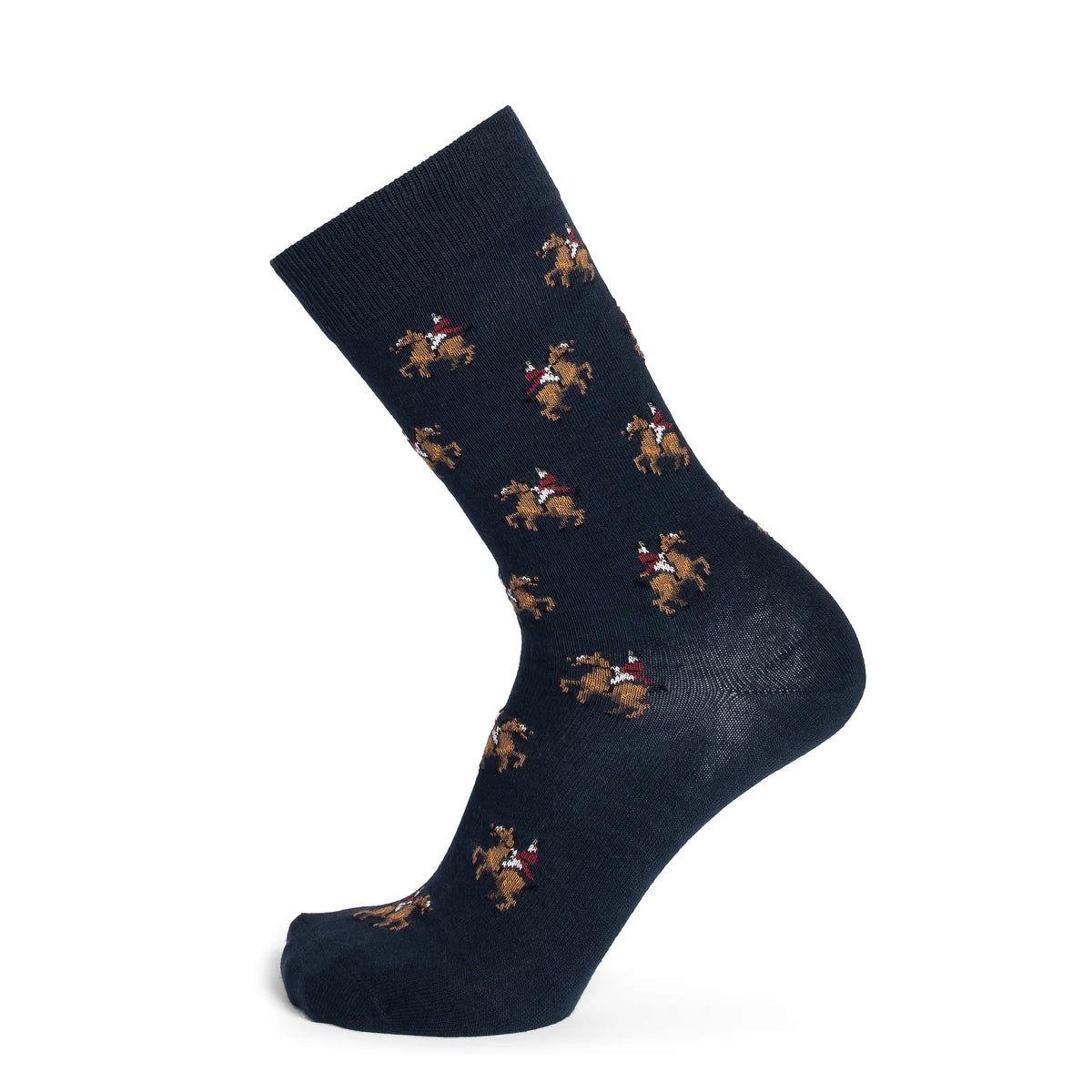 Chaussette homme Les Cavaliers bleu marine à motif équestre, vue de profil