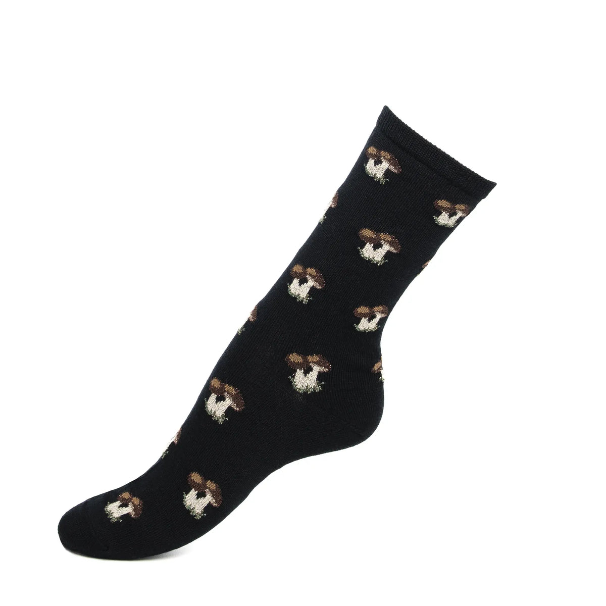 Chaussette en laine femme Les Cèpes noire à motif de champignons, vue de profil