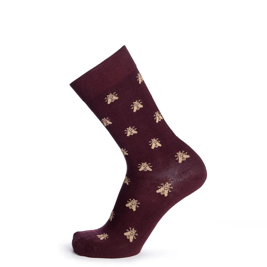 Chaussette bordeaux à abeilles dorées Maison Broussaud, vue de trois quarts
