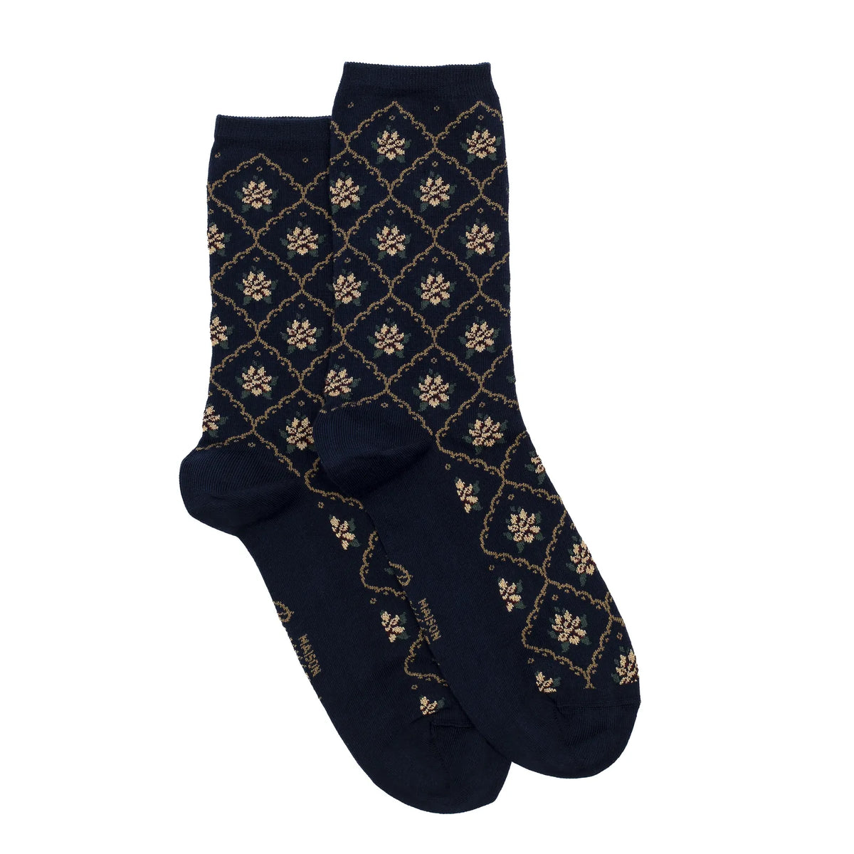 Paire de chaussettes La Boréal marine à fleurs et treillis doré